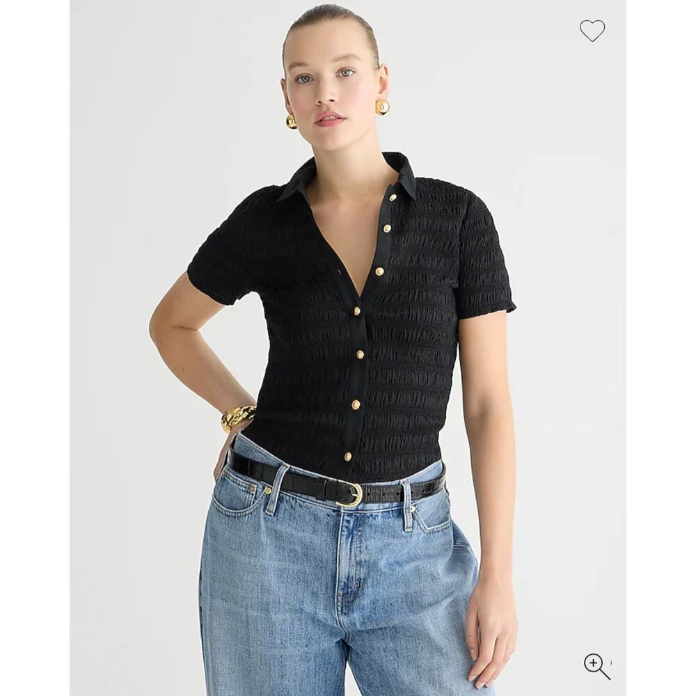 J.Crew Women's Black Smocked Button-Up Shirt in Cotton-Blend Voile NWT Size XS